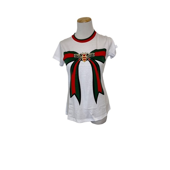 GRAPHIC Bow Print White Women's T-Shirt Sz S NWT - Picture 1 of 3